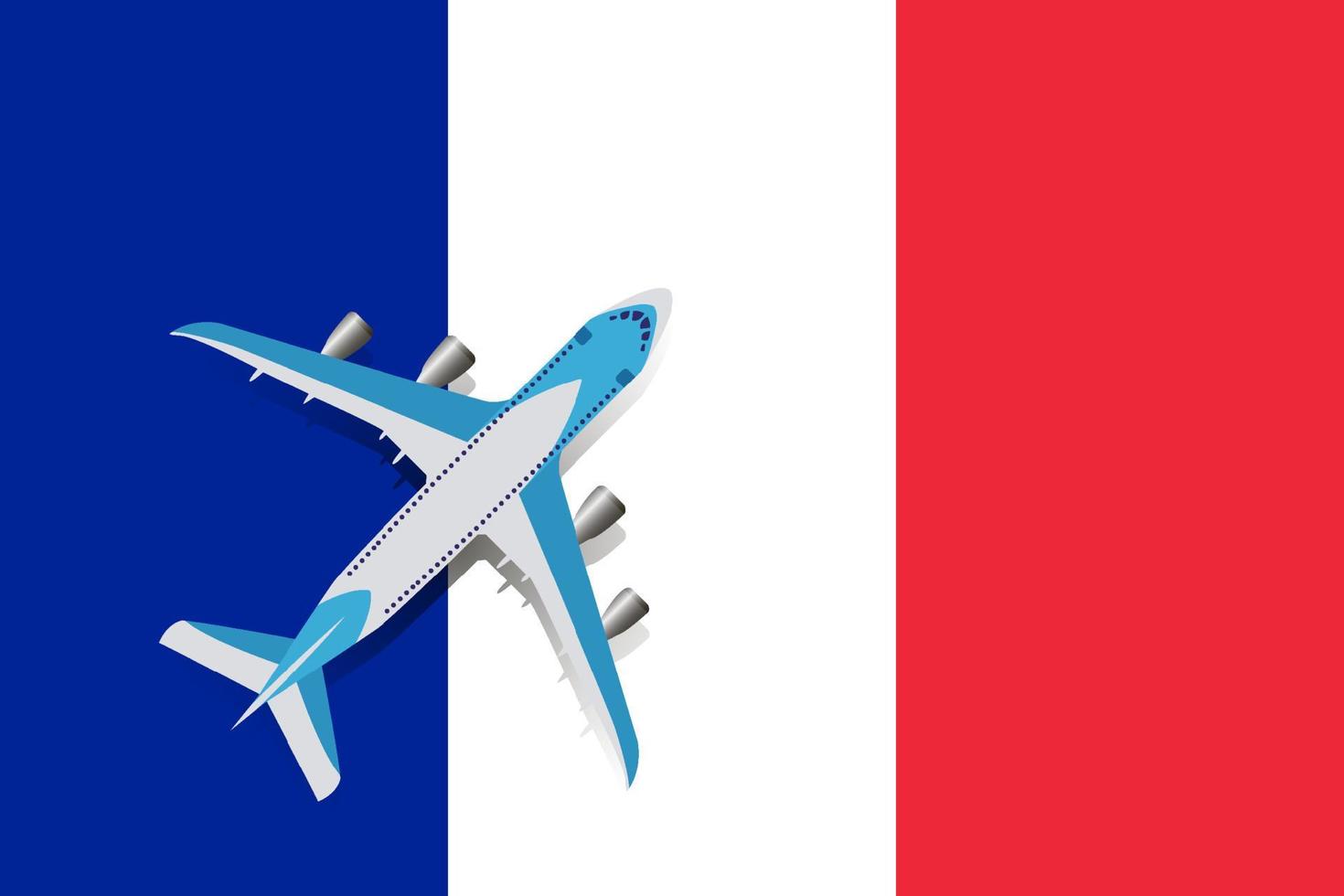 Vector Illustration of a passenger plane flying over the flag of France. Concept of tourism and travel