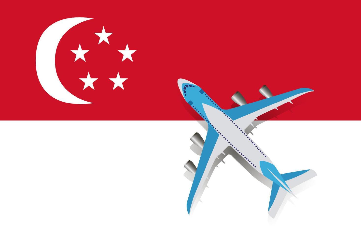 Vector Illustration of a passenger plane flying over the flag of Singapore. Concept of tourism and travel