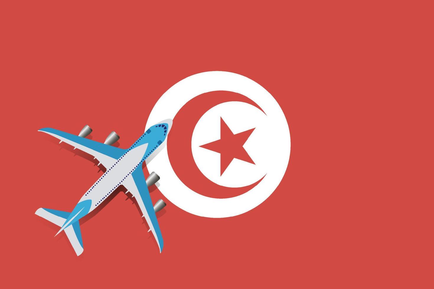 Vector Illustration of a passenger plane flying over the Tunisian flag. Concept of tourism and travel
