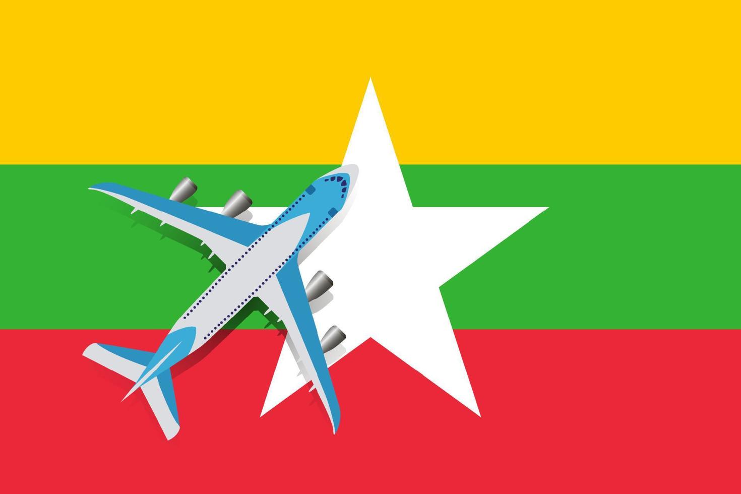 Vector Illustration of a passenger plane flying over the flag of Myanmar. Concept of tourism and travel