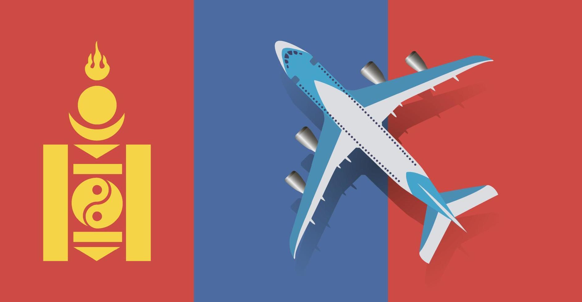 Vector Illustration of a passenger plane flying over the flag of Mongolia. Concept of tourism and travel