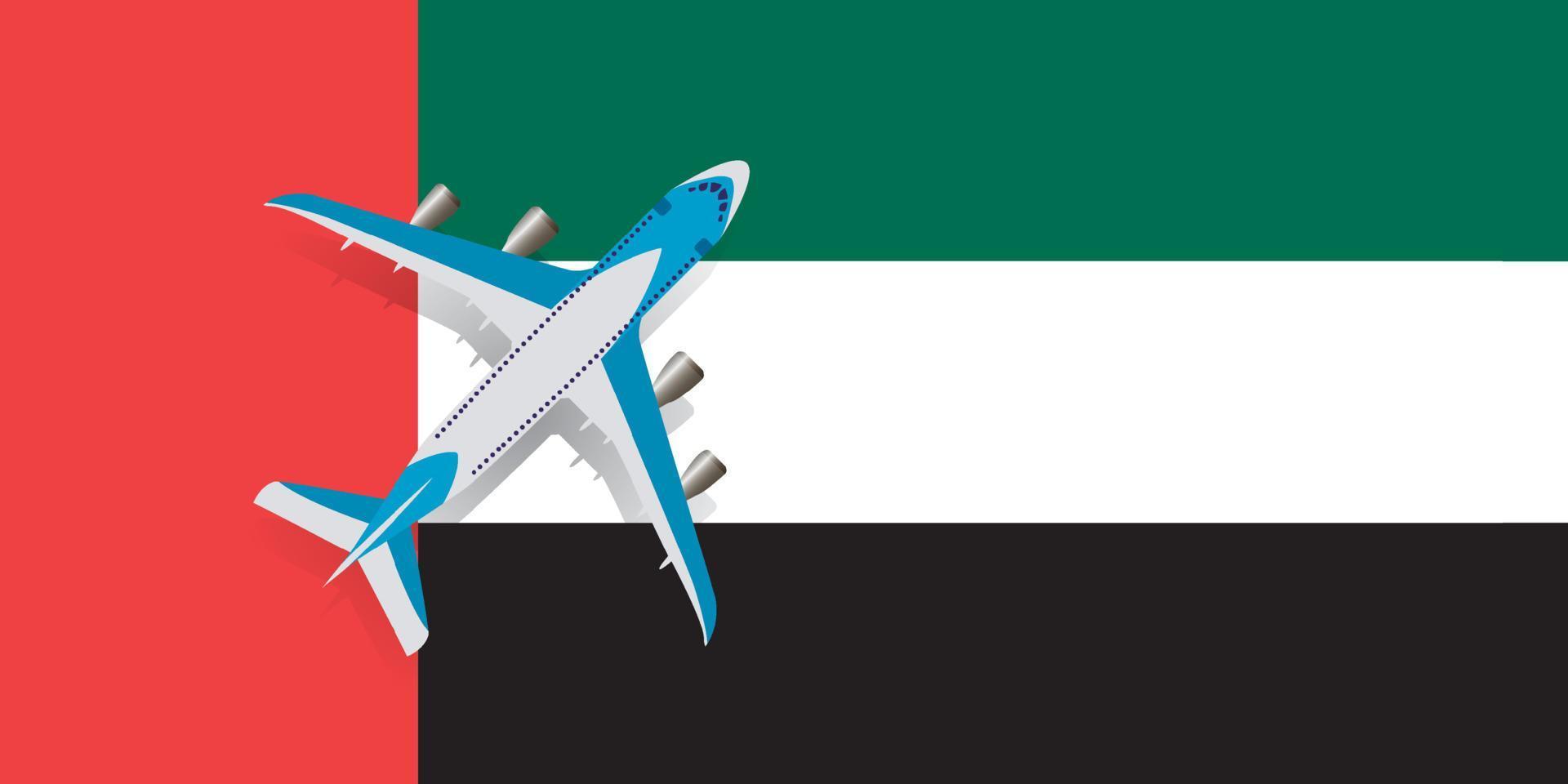 Vector Illustration of a passenger plane flying over the flag of the United Arab Emirates. Concept of tourism and travel
