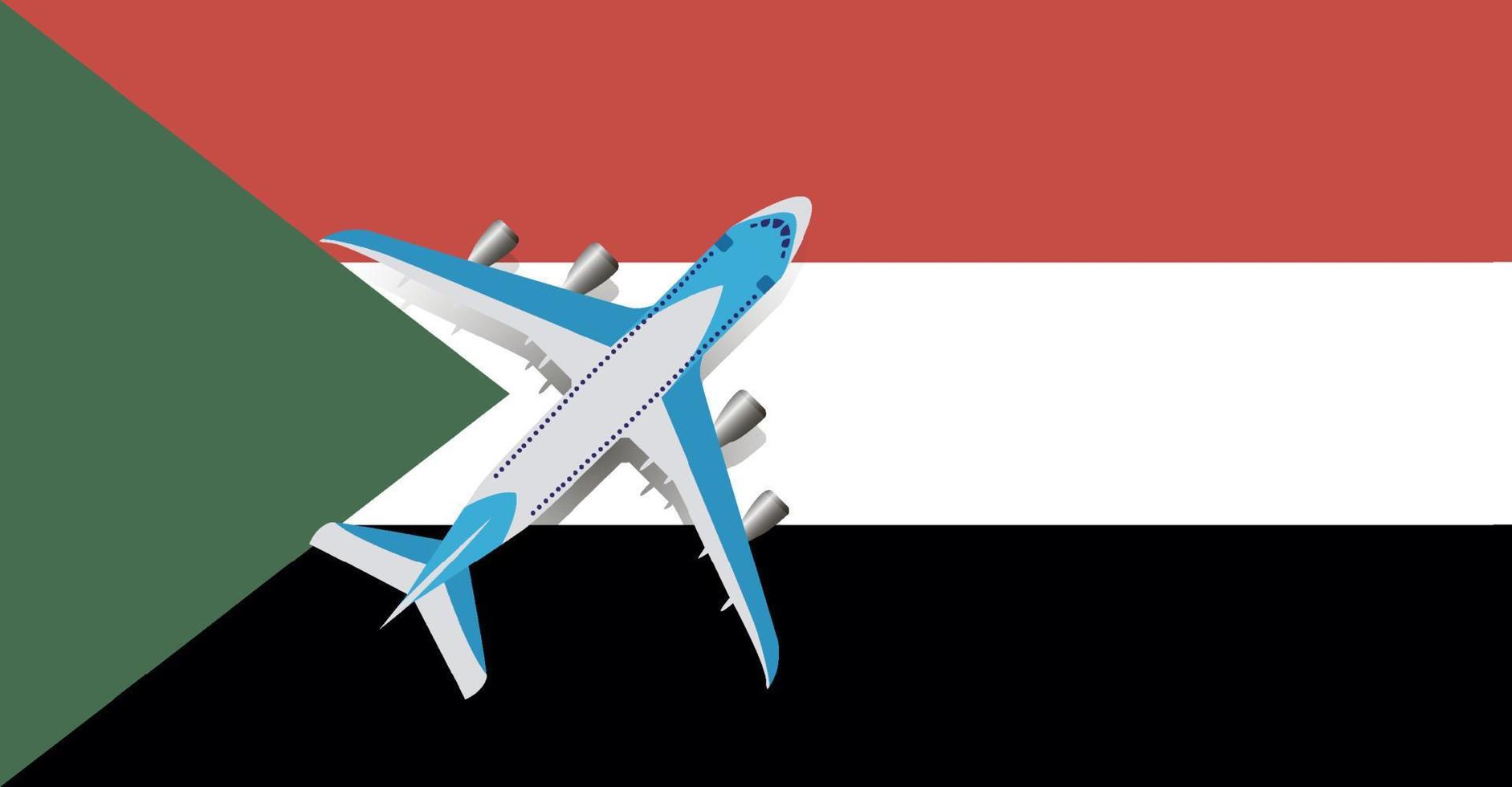 Vector Illustration of a passenger plane flying over the flag of Sudan. Concept of tourism and travel
