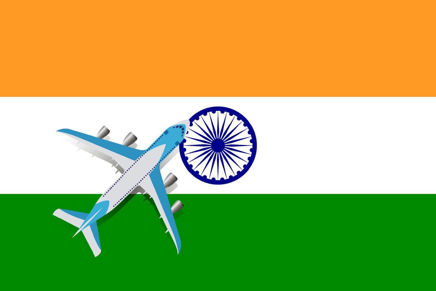 The plane and the flag of India. Travel concept for design. Vector Illustration of a passenger plane flying over the flag of India. The concept of tourism and travel