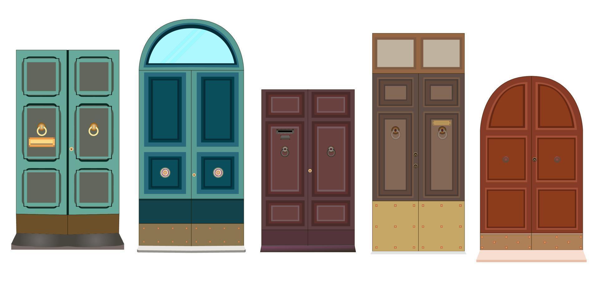 Decorative doorway and various retro doors. Vector clip art set of doors for the home. Illustration of entrance and exit doors
