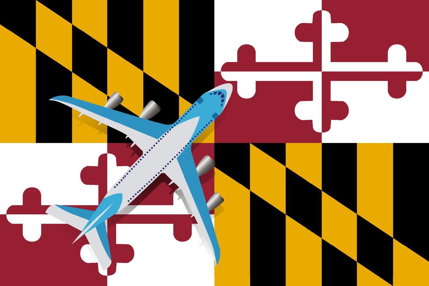 Vector Illustration of a passenger plane flying over the flag of Maryland. Concept of tourism and travel