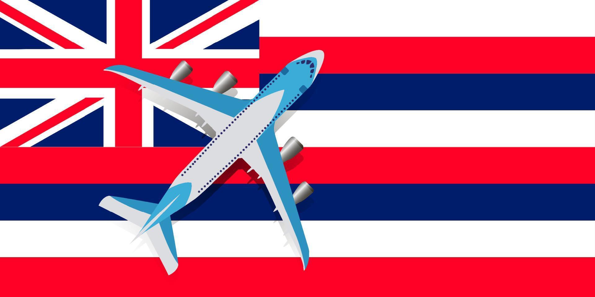 Vector Illustration of a passenger plane flying over the flag of Hawaii.