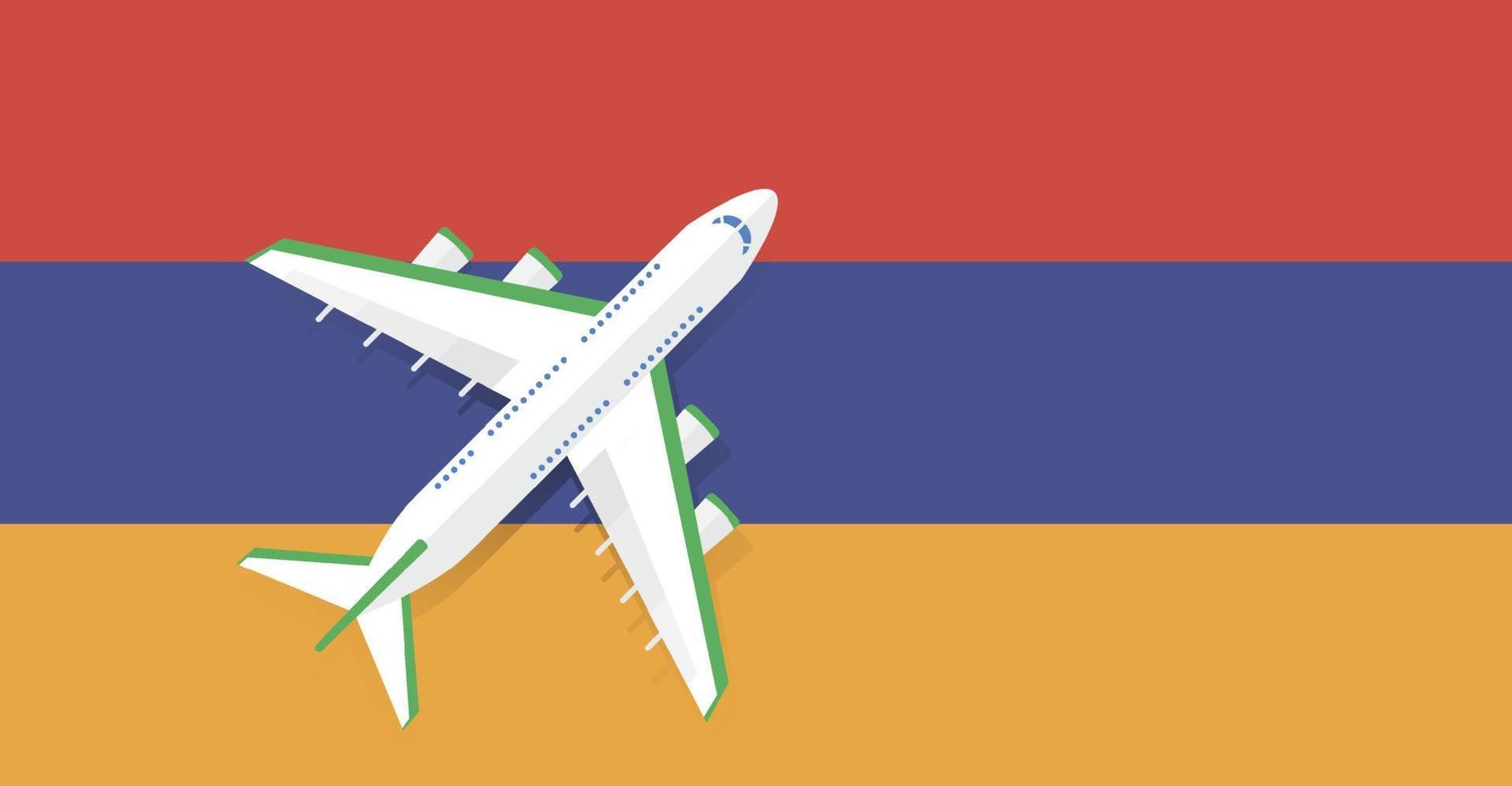 Vector Illustration of a passenger plane flying over the flag of Armenia. Concept of tourism and travel