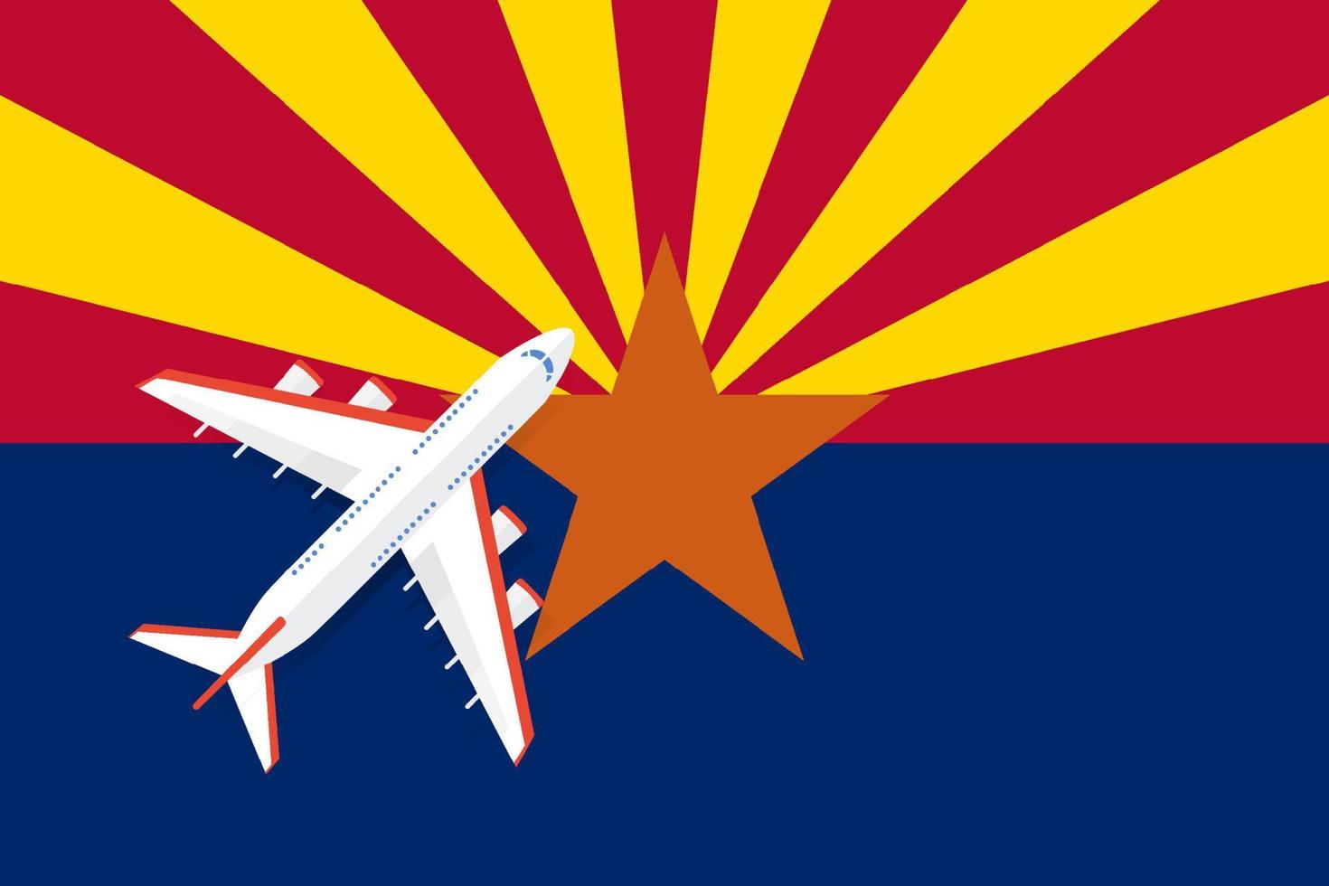 Vector Illustration of a passenger plane flying over the Arizona flag. Concept of tourism and travel