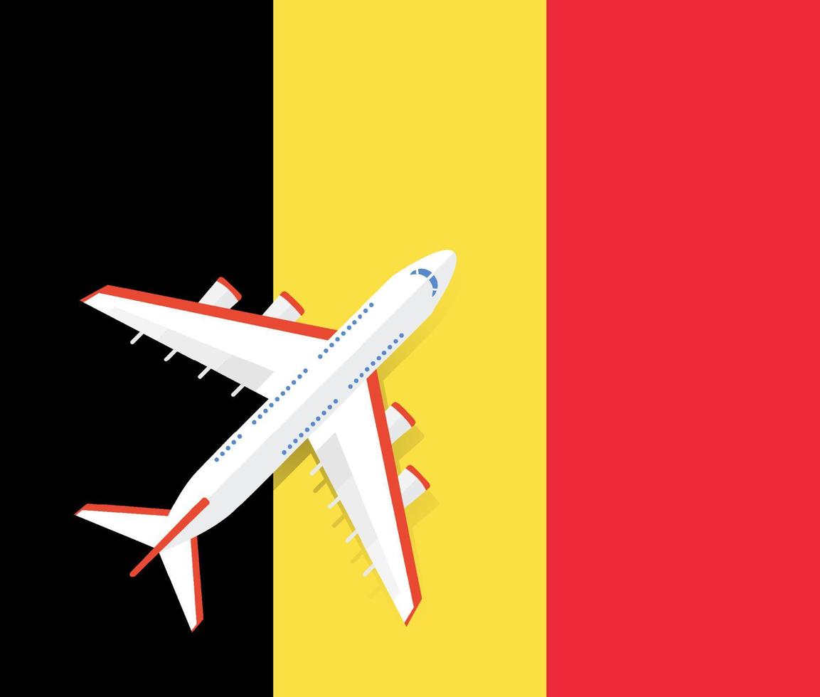 Vector Illustration of a passenger plane flying over the flag of Belgium. Concept of tourism and travel