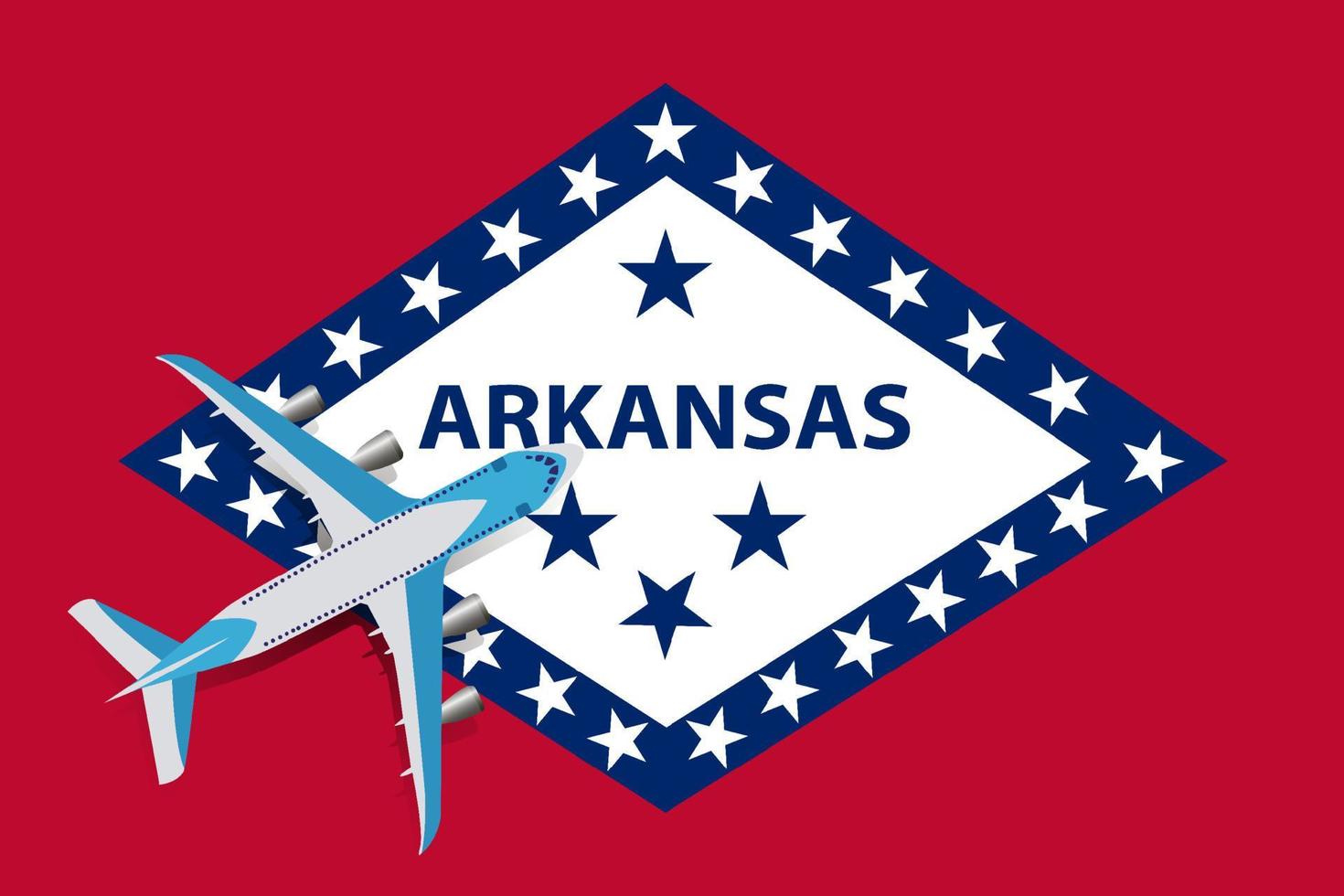 Vector Illustration of a passenger plane flying over the Arkansas flag. Concept of tourism and travel
