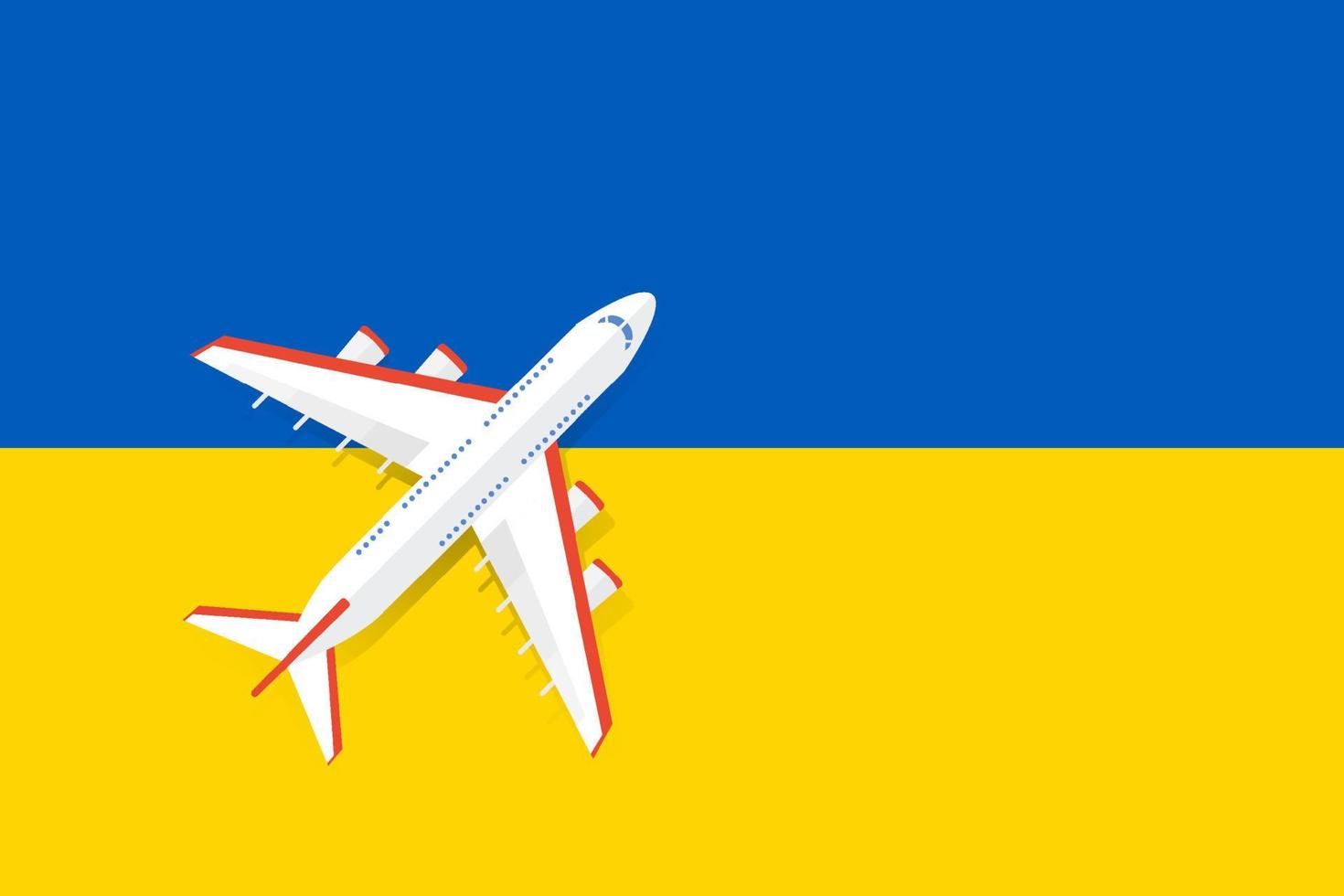 Vector Illustration of a passenger plane flying over the flag of Ukraine. Concept of tourism and travel