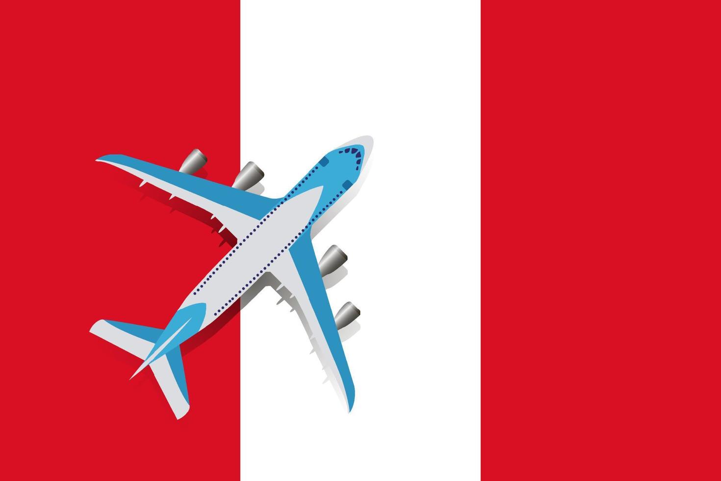 Vector Illustration of a passenger plane flying over the flag of Peru. Concept of tourism and travel