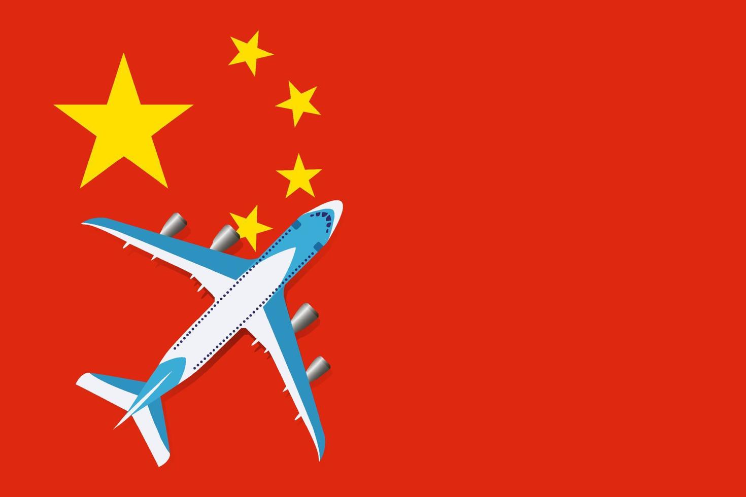 Vector Illustration of a passenger plane flying over the flag of China. Concept of tourism and travel