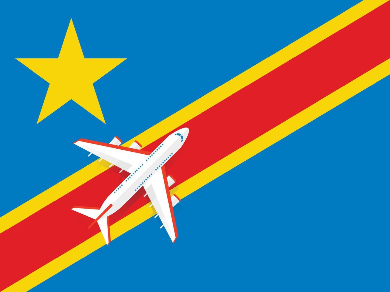 Vector Illustration of a passenger plane flying over the flag of the Democratic Republic of the Congo. Concept of tourism and travel