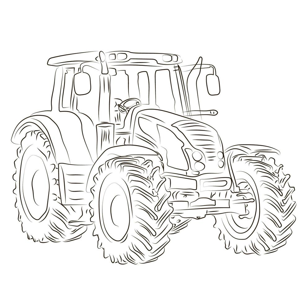 Vector drawing of the tractor. The drawing is inspired by a real machine. All lines in the drawing can be edited. The background is blank.