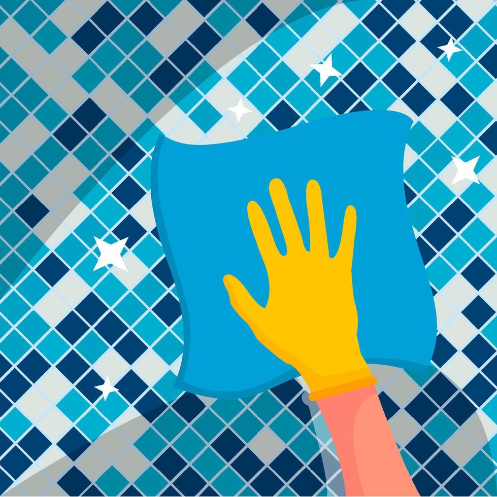 una trabajadora doméstica limpia los azulejos del baño con una servilleta. límpielo con un paño. guantes amarillos en las manos. el concepto de limpieza de habitaciones. vector