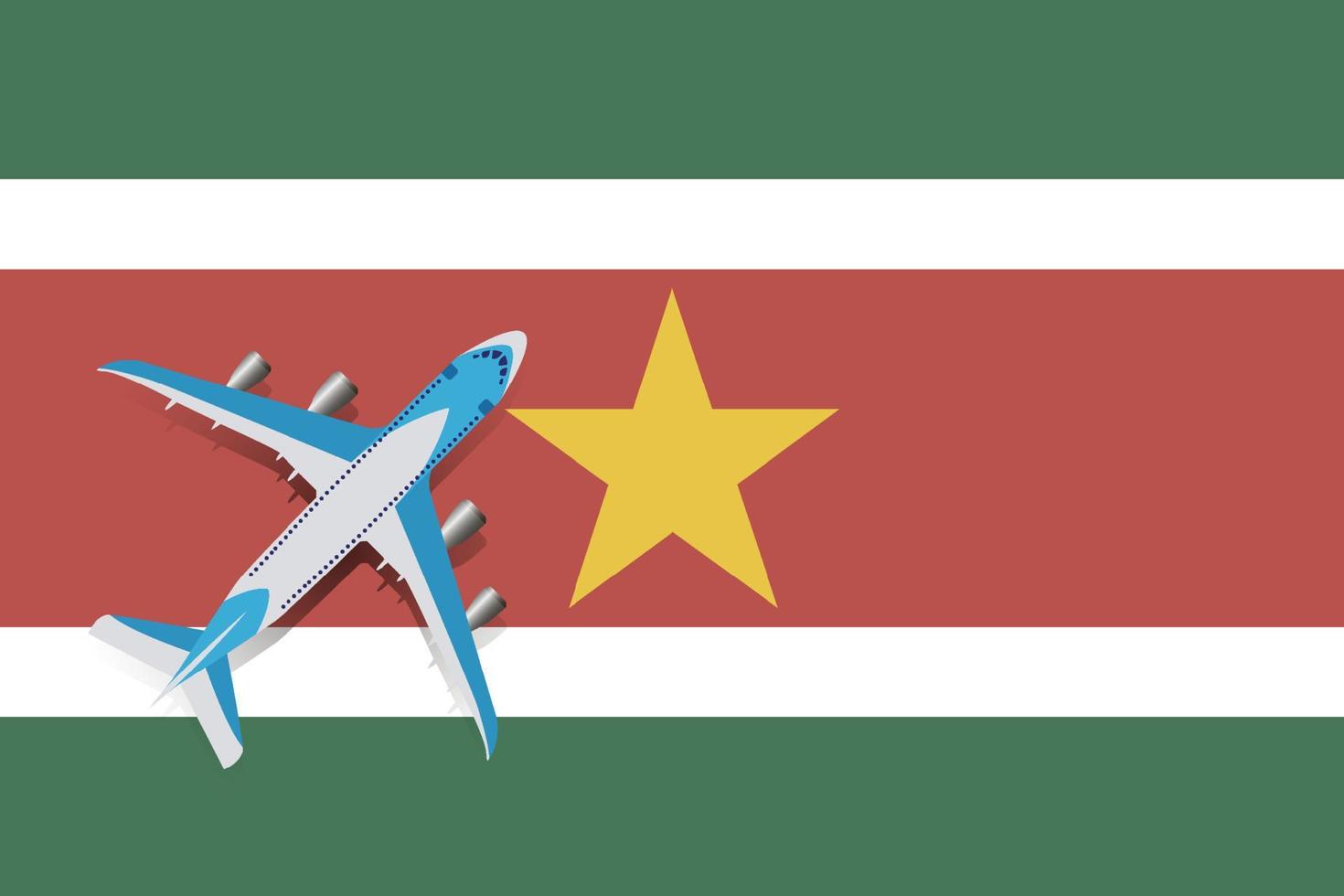 ilustración vectorial de un avión de pasajeros que sobrevuela la bandera de surinam. concepto de turismo y trave vector