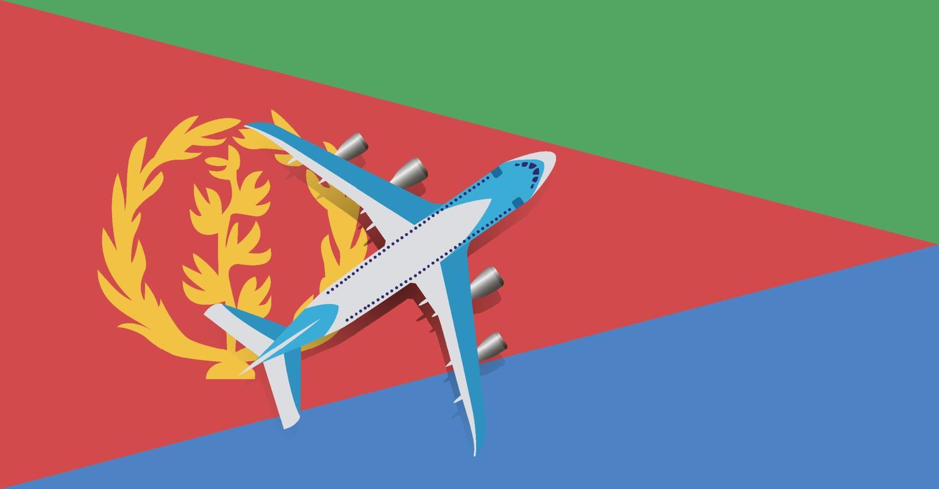 Vector Illustration of a passenger plane flying over the flag of Eritrea. Concept of tourism and travel