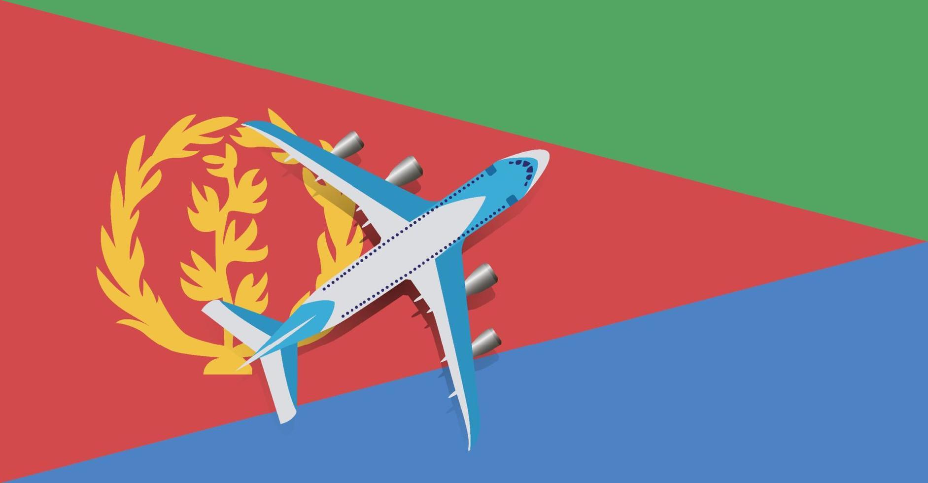 ilustración vectorial de un avión de pasajeros que sobrevuela la bandera de eritrea. concepto de turismo y viajes vector