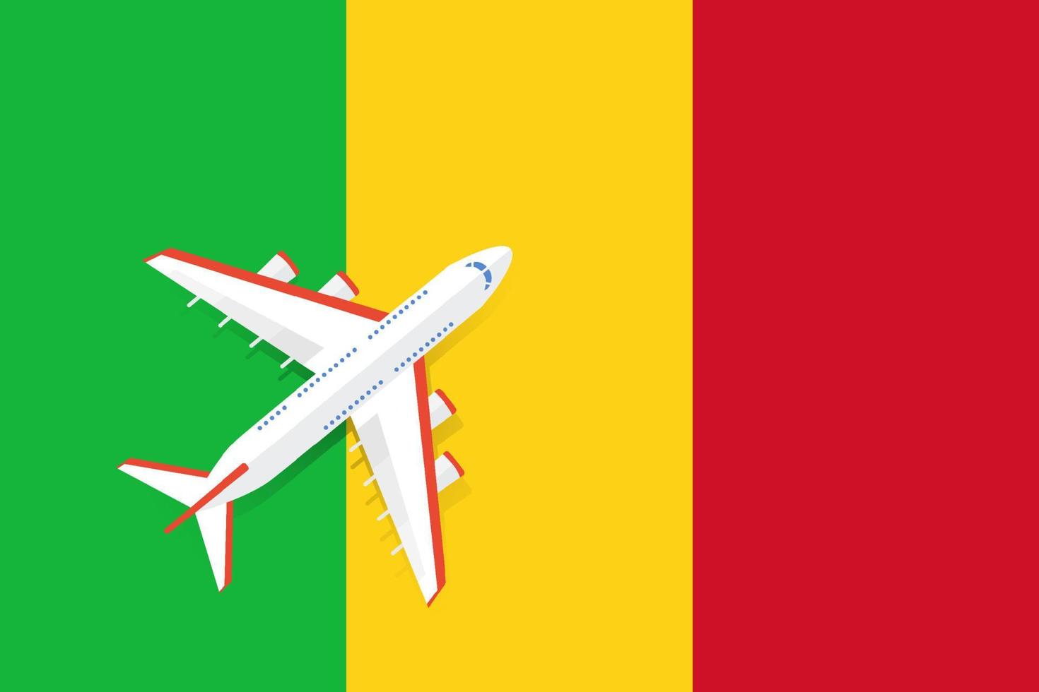 Vector Illustration of a passenger plane flying over the flag of Mali. Concept of tourism and travel