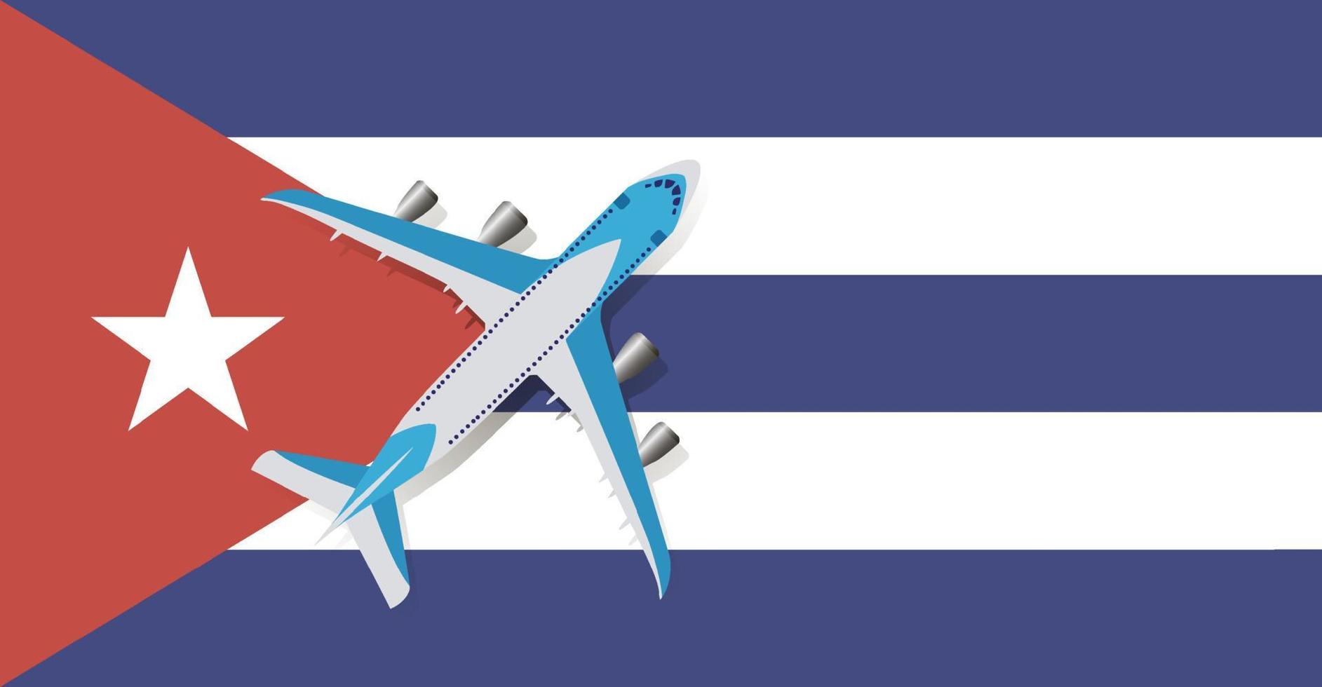 Vector Illustration of a passenger plane flying over the flag of Cuba. Concept of tourism and travel