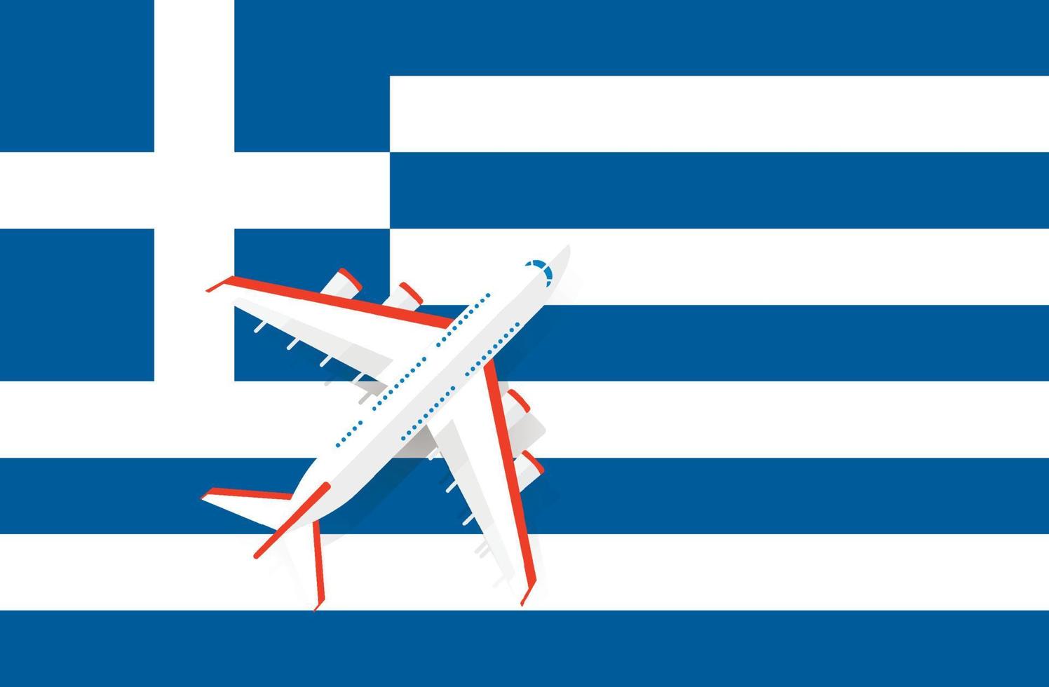 Vector Illustration of a passenger plane flying over the flag of Greece. Concept of tourism and travel