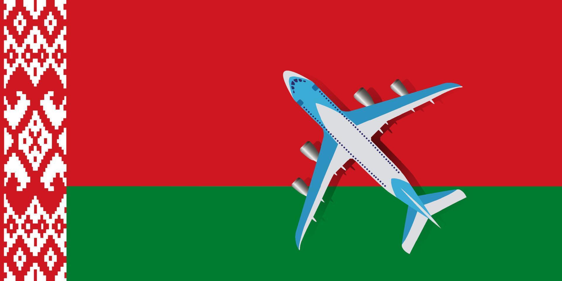 avión y bandera de bielorrusia. concepto de viaje para el diseño. ilustración vectorial de un avión de pasajeros que sobrevuela la bandera de bielorrusia. vector