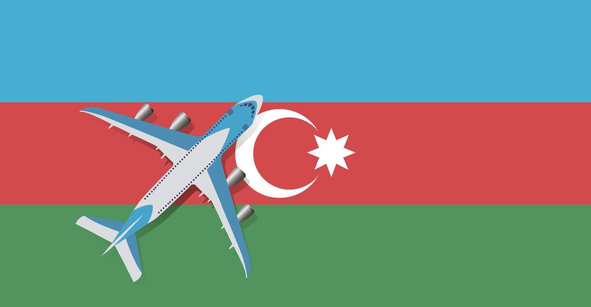 Vector Illustration of a passenger plane flying over the flag of Azerbaijan. Concept of tourism and travel