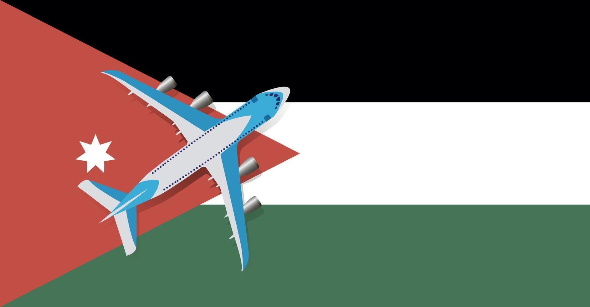 Vector Illustration of a passenger plane flying over the flag of Jordan. Concept of tourism and travel