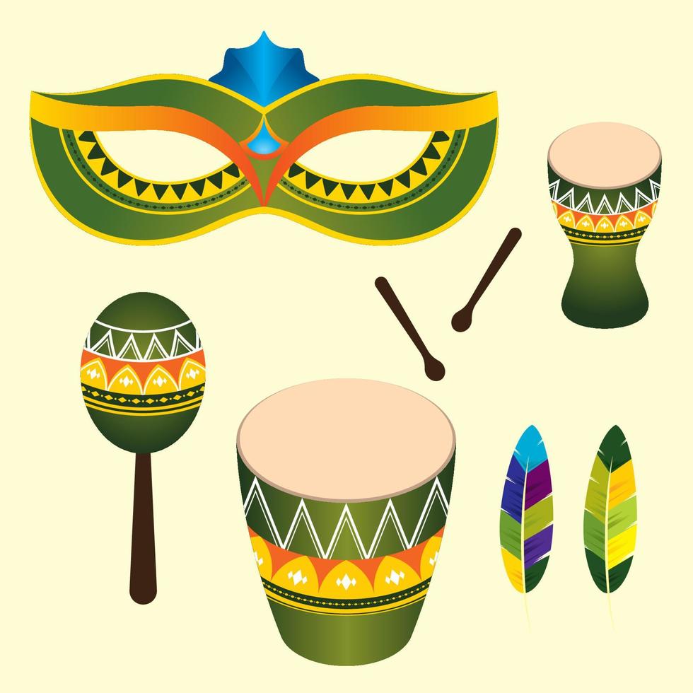 elementos del carnaval de brasil, elementos de diseño del carnaval de brasil. máscaras de plumas de colores y tambores de brasil vector