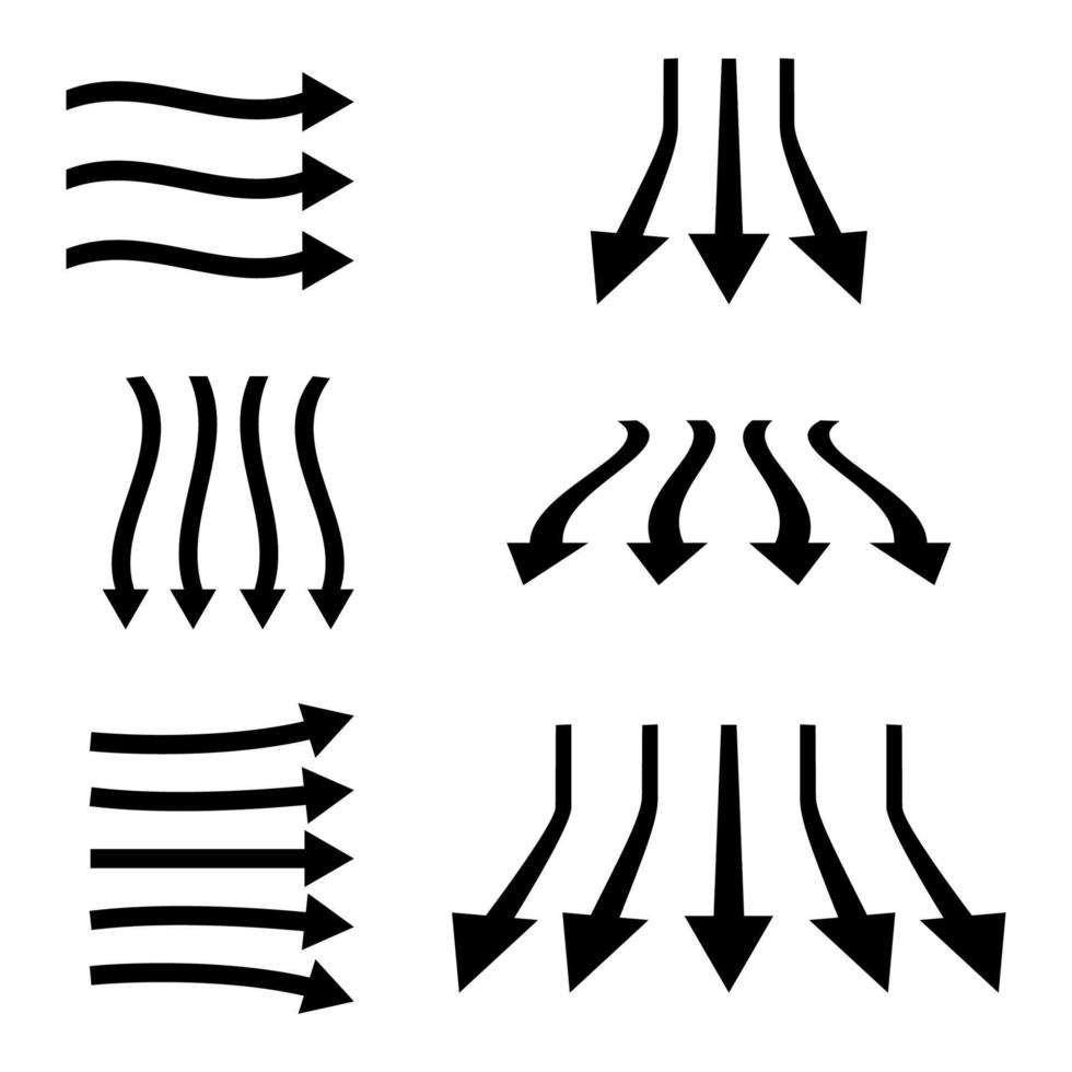 Set of black color arrows. Clean, fresh air flow. Filtration direction, arrows. A stream of cold air from the conditioner. Wind direction vector