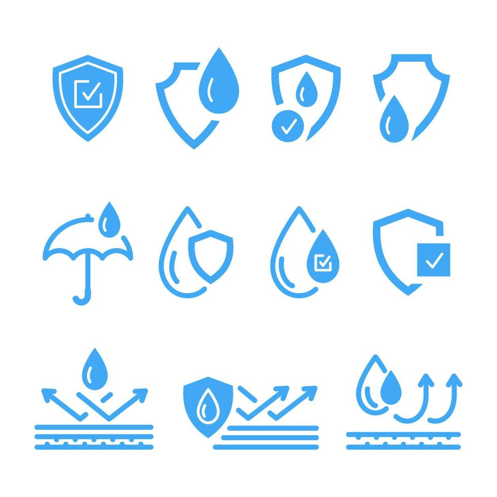 Waterproof icons such as shield, umbrella, liquid resistant layers, water drops vector