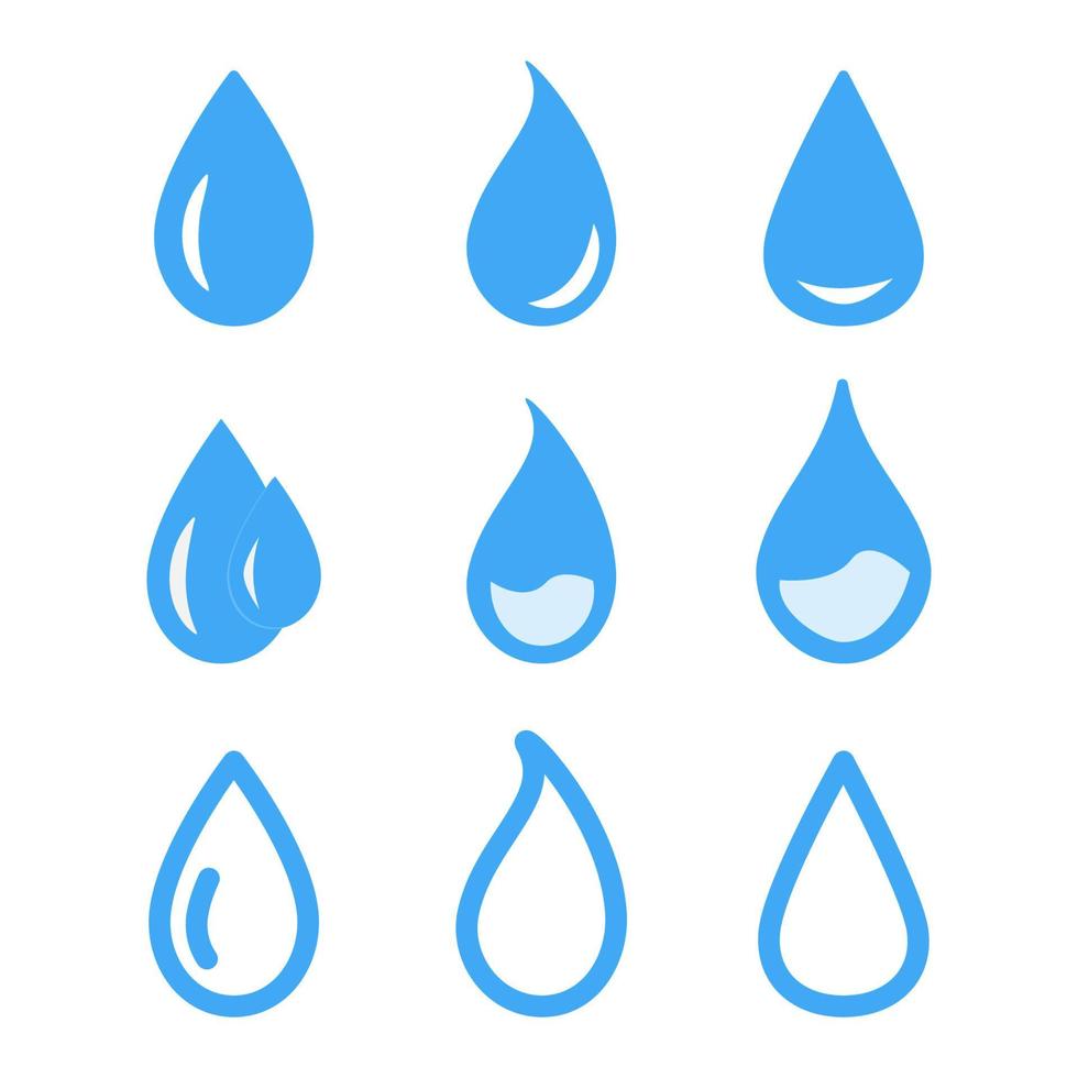 conjunto de gotas de agua de color azul. colección de formas de gotas planas. símbolo líquido vector