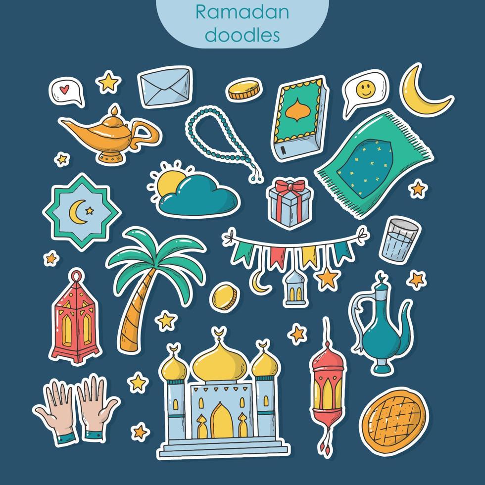 Set of hand drawn Ramadan pre made stickers with white edge. Good for planners, scrapbooking, stationary, cards, prints, clipart, etc. EPS 10 vector