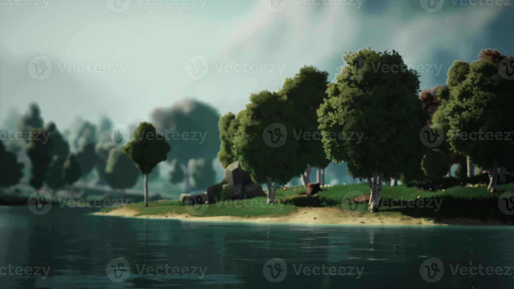 Cartoon Green Forest Landscape with Trees and lake photo