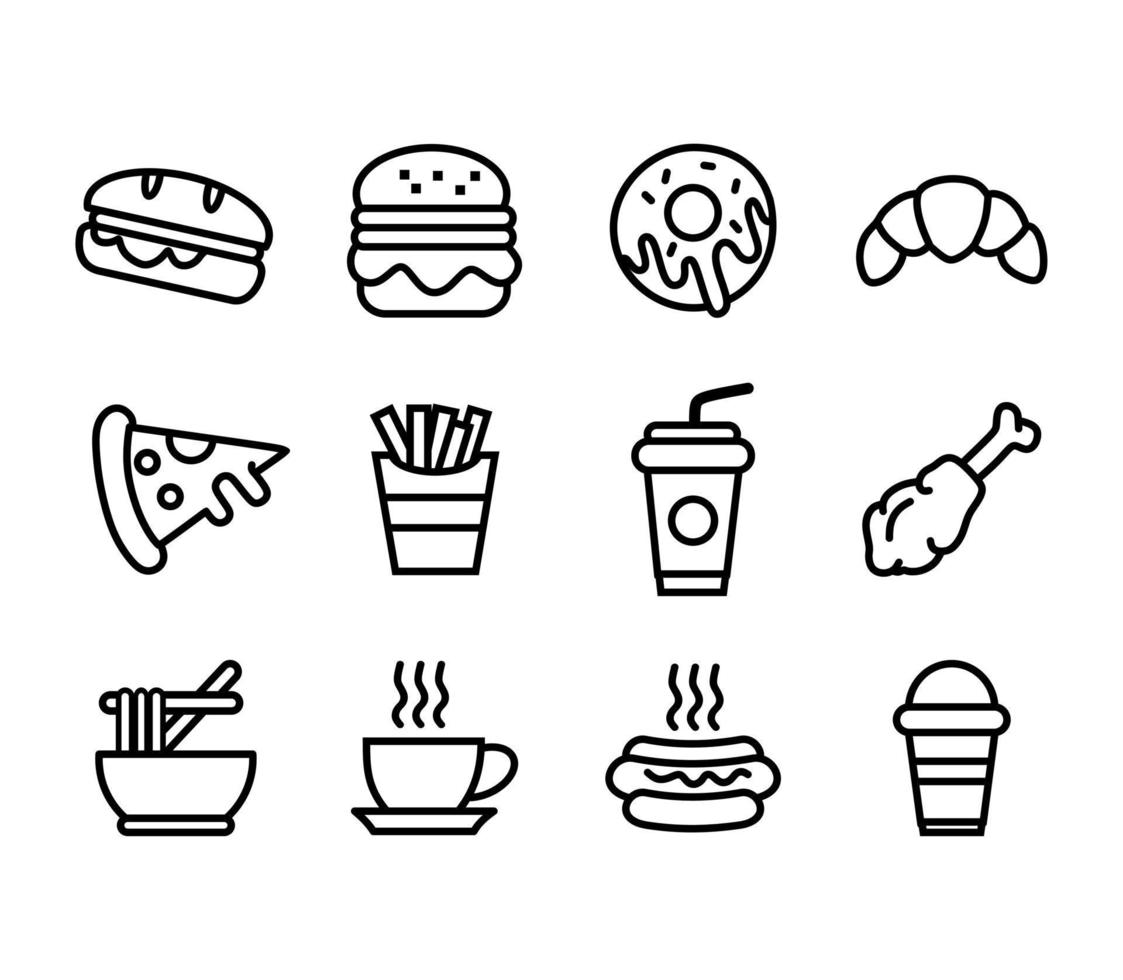 food and drink icons set vector line style