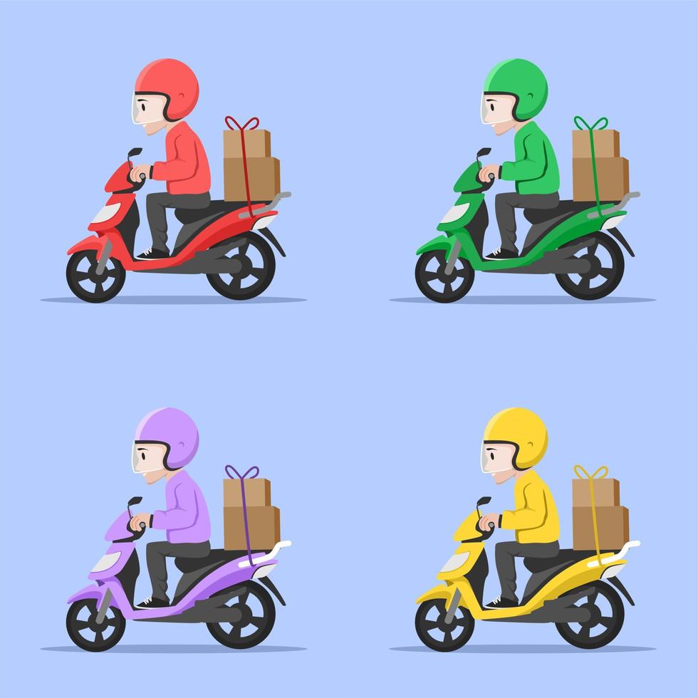 Ilustración de vector de color de conjunto de niño de moto de entrega