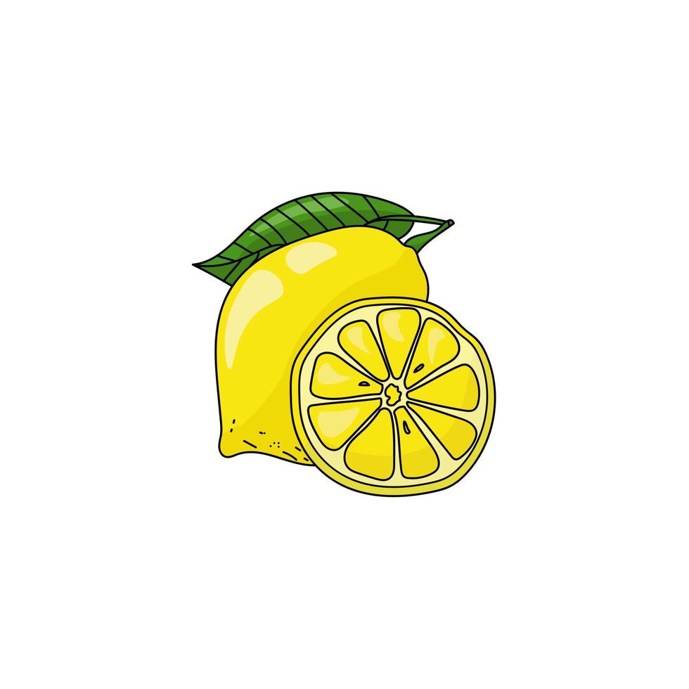 Juicy bright lemon whole and half, yellow citrus fruit with green leaf and black outline in cartoon style vector