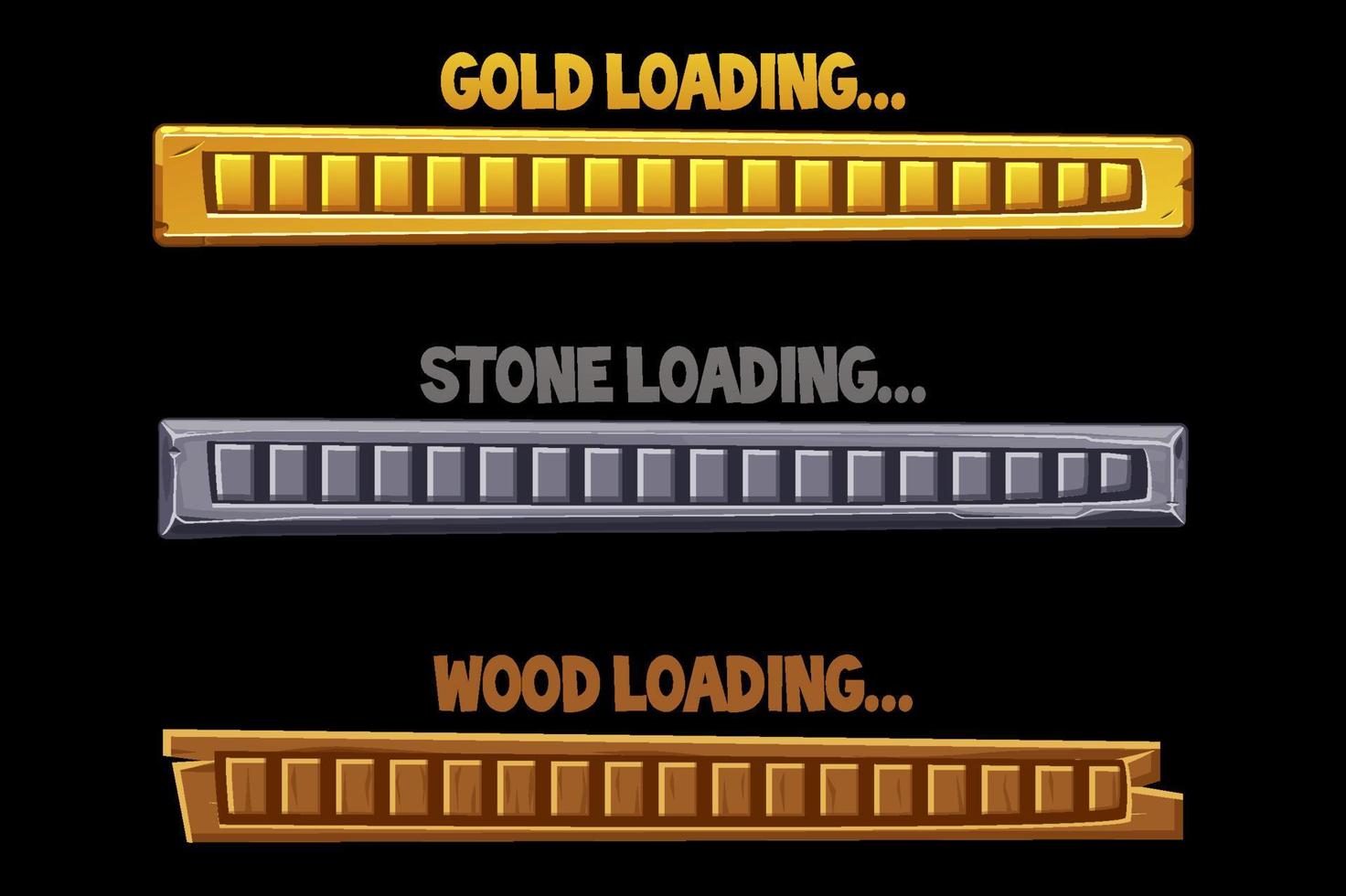 Textured loading interface buttons golden, stone, wooden. Set of download icons for the game. vector