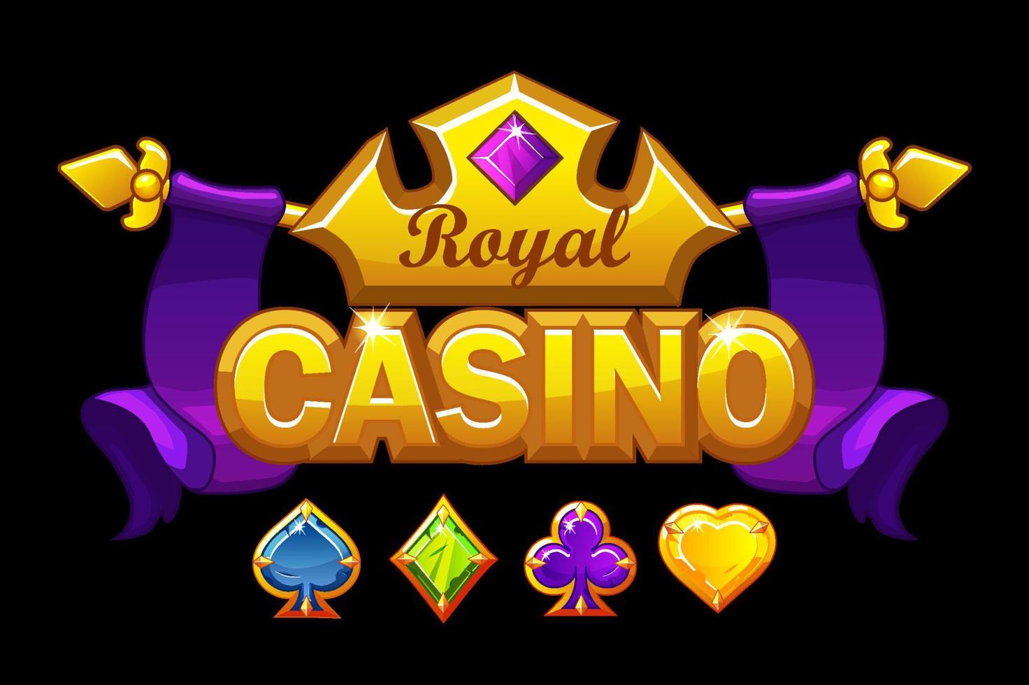 Casino logo banner with golden crown and treasure. Royal gambling background with precious stones game card symbols. vector