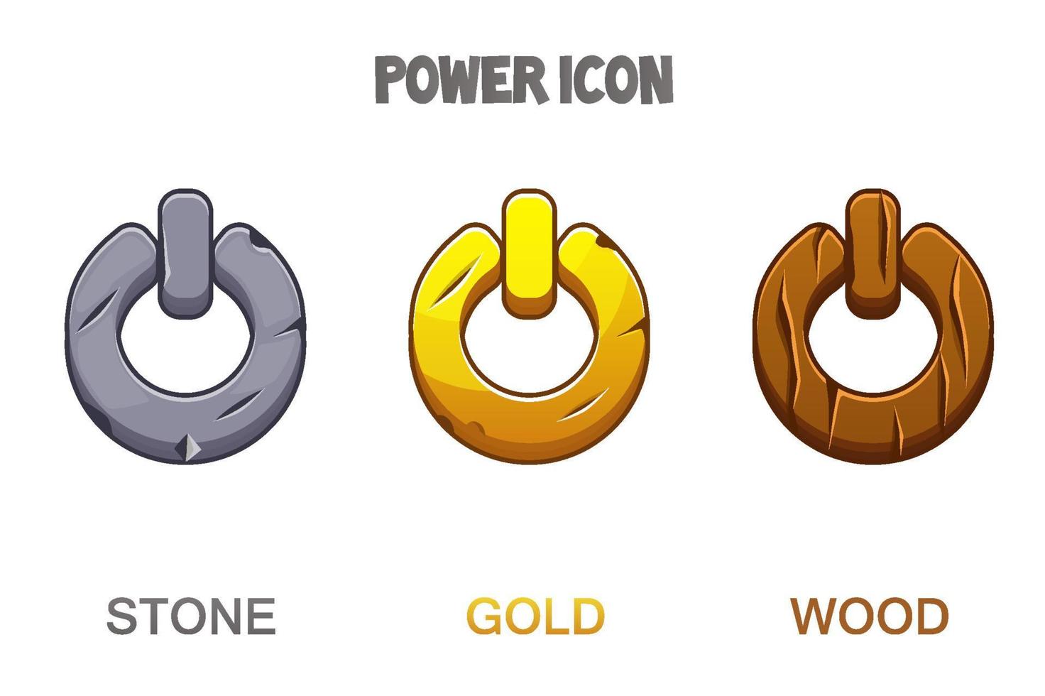 conjunto de botones o iconos de poder dorado, piedra, madera. iconos de diferente material para el menú del juego. vector