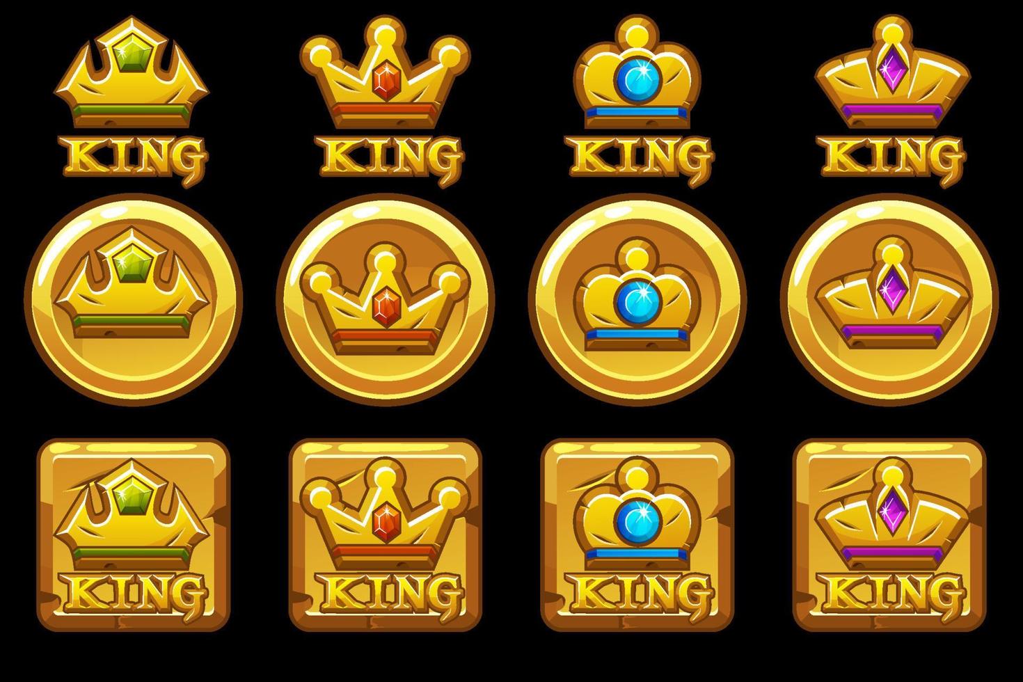 Set of golden round and square app icons with crowns. Crowns and logos of various shapes with diamonds. vector