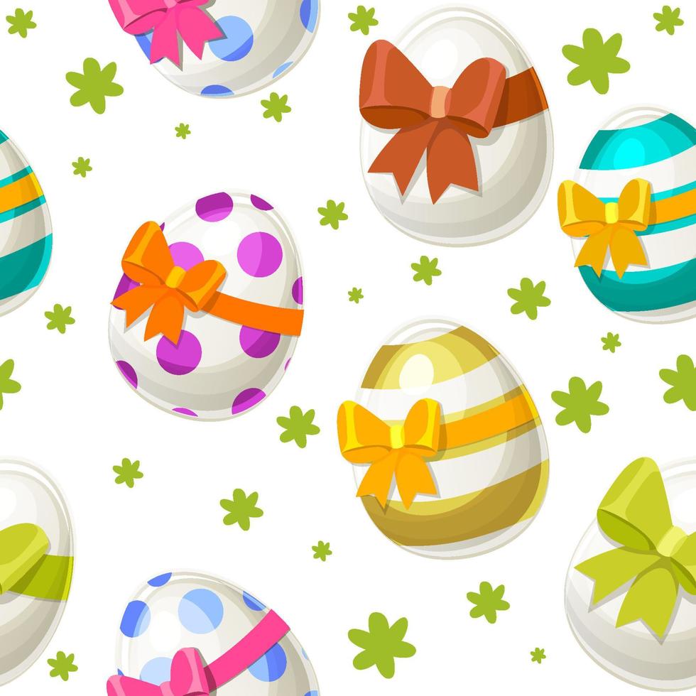 Seamless textured pattern of different eggs for Easter Day. Background of colorful eggs with bows for wrapping paper, wallpaper. vector