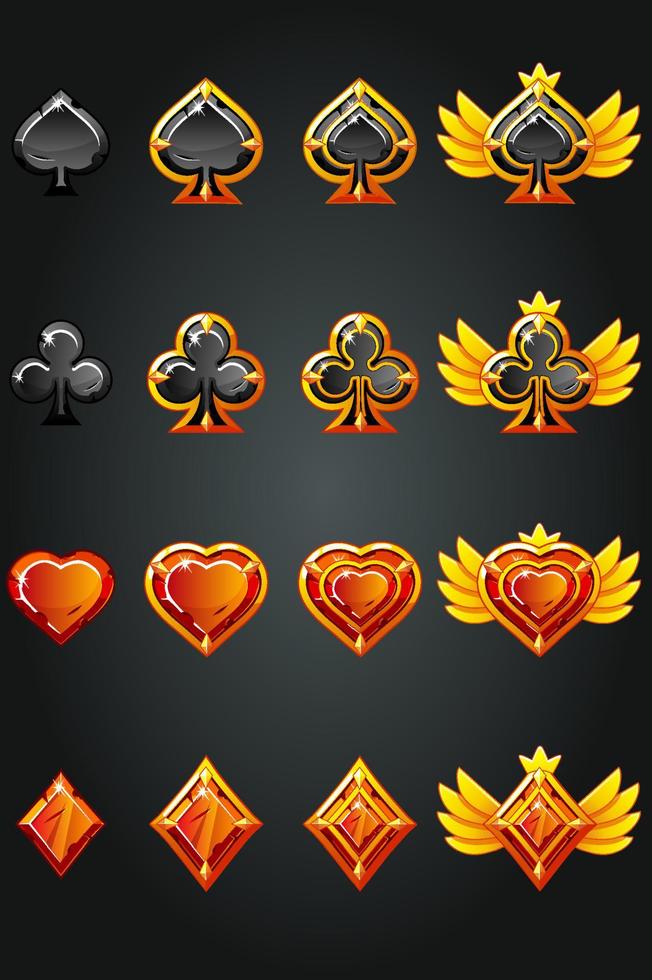 Set of playing card symbols in improvement progress. Red and black card icons in steps of drawing. vector