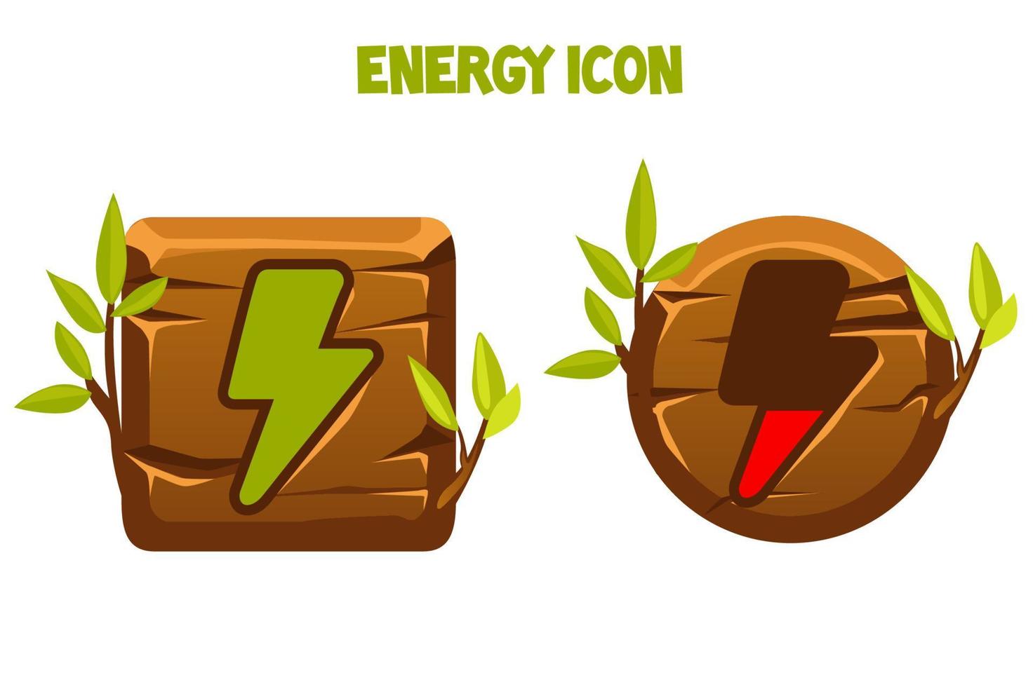 Wooden icons and buttons of lightning energy. Charged and discharged energy in a natural wooden frame. vector