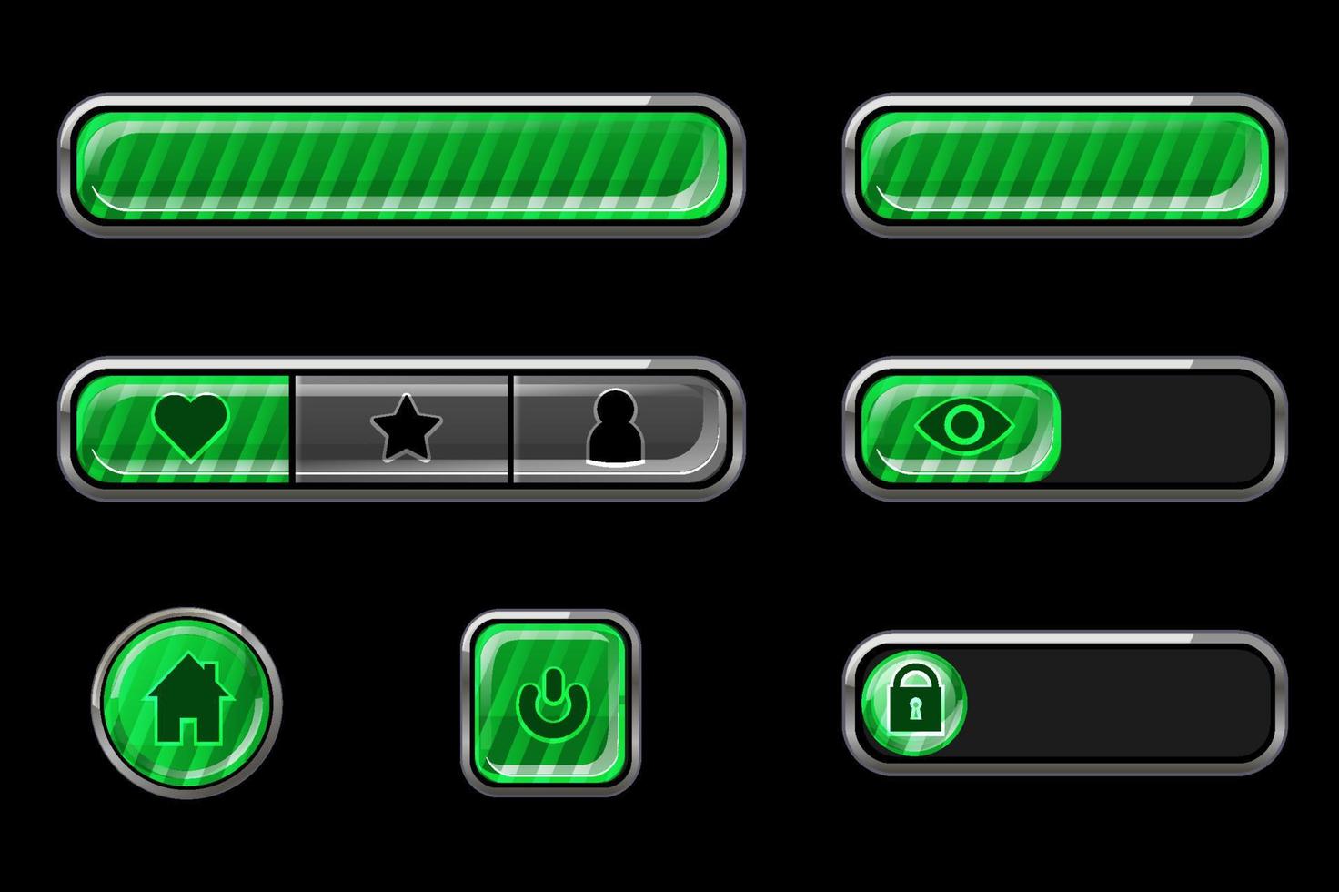 Set of glossy green striped buttons for interface. Isolated buttons of different shapes for the game. vector