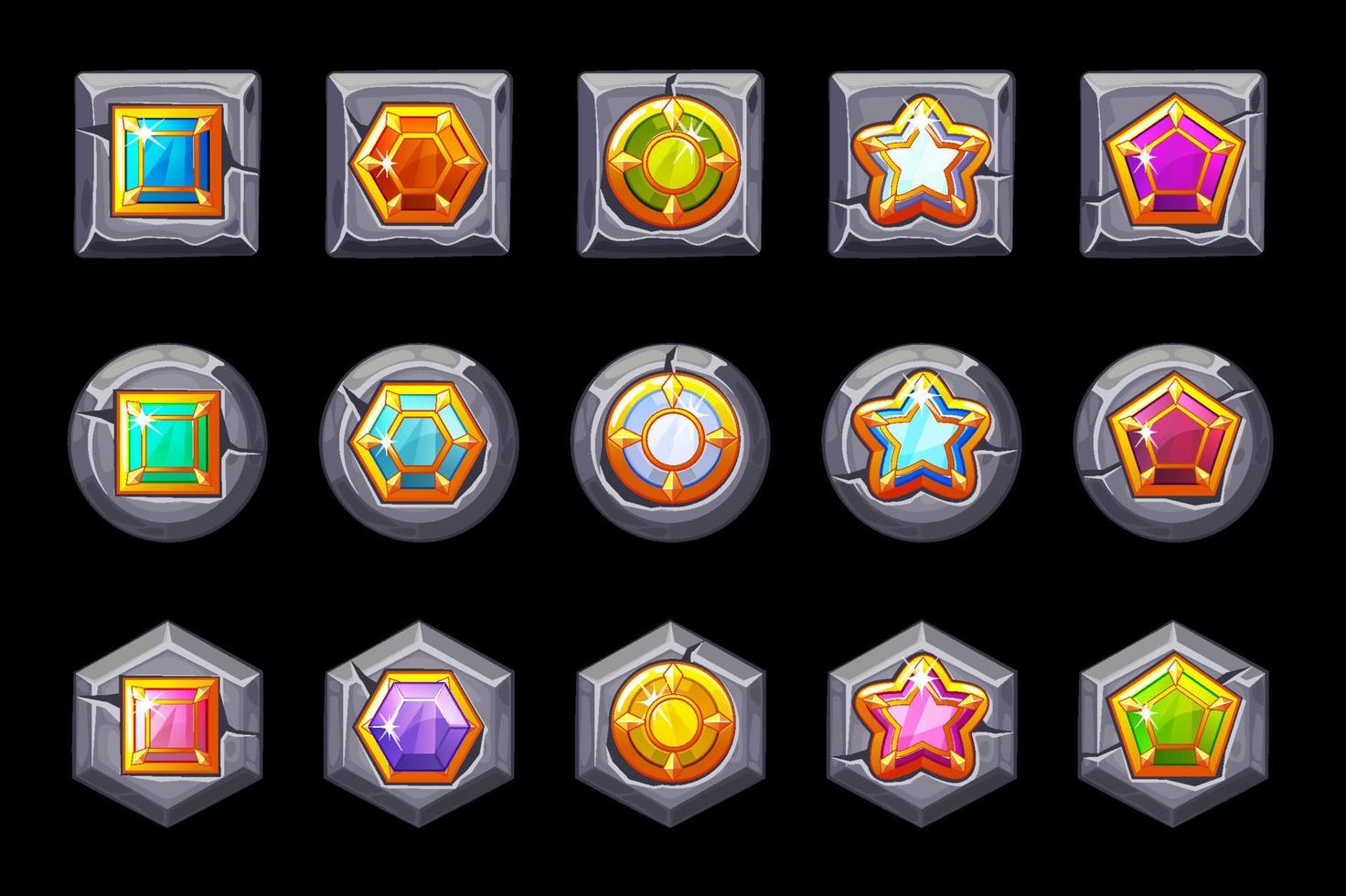 Set of gems on stones of various shapes. Isolated app icons of precious bright gemstones. vector