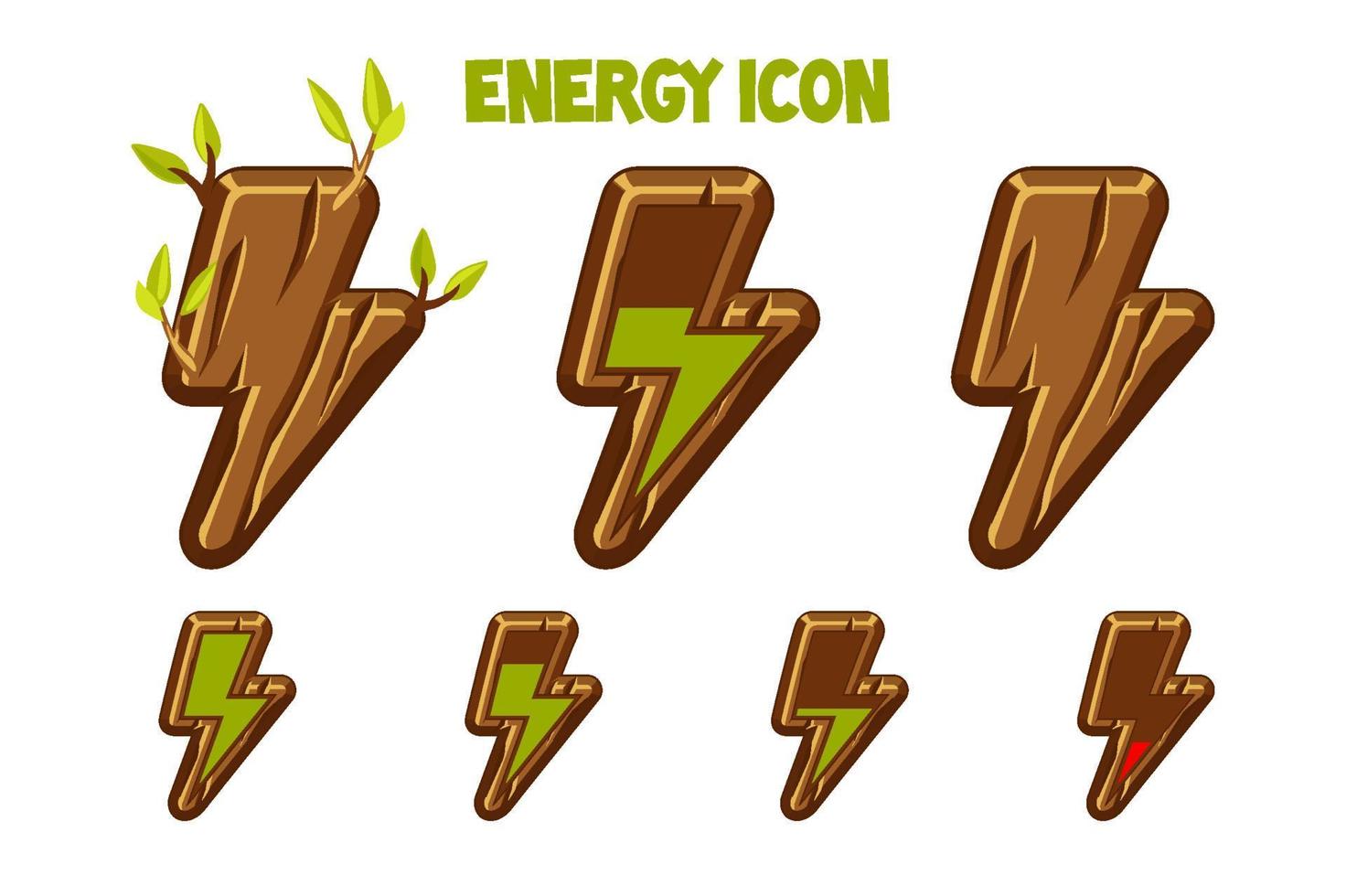 Wooden icons of lightning energy, discharge steps. Seth wooden isolated lightning with leaves. vector