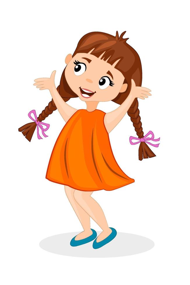 Happy cute cartoon little girl with pigtails. Beautiful girl in a dress on a white background. vector